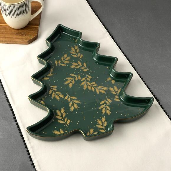 Thyme & Table Holiday Christmas Tree Ceramic Food Serve Tray Platter Green Gold - Picture 6 of 7